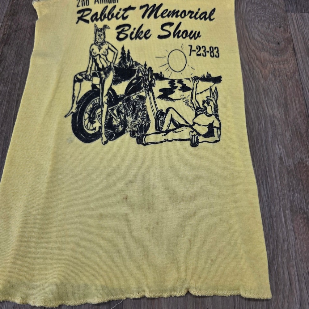 Vintage 1983 Rabbit Memorial Bike Show Yellow Graphic Lace Camisole Tank XL - Picture 6 of 8